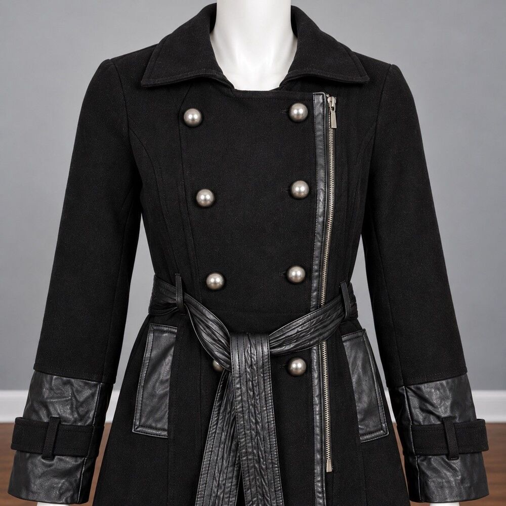 XOXO Womens S Steampunk Gothic Military Trench Coat Black Faux Leather Belted